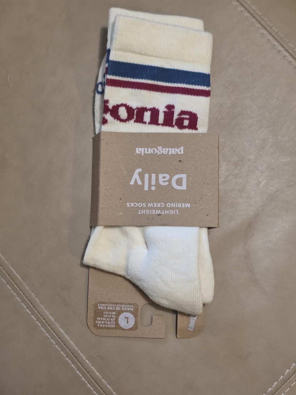 Patagonia Lightweight Merino Crew Socks in Cream with Navy & Red Accents